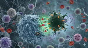 Ein durch eine KI generiertes Bild eines Angriffs einer CAR-T-Zelle auf eine Krebszelle im Körper eines Menschen   im Vordergrund mit roten und weißen Blutkörperchen im Hintergrund. Es sind blaue und, lila und dunkelgrüne Ball-artige Gebilde zu sehen und fadenartige Strukturen ebenfalls. 